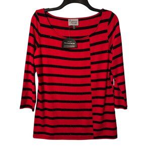 Lynn Ritchie Silver Red & Black Striped 3/4 Sleeve Womens Top M